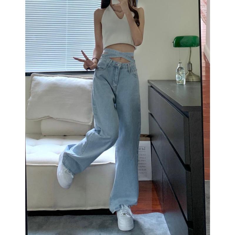 Pantalones vaqueros de mujer de talle alto con cordones, estilo Y2K, para primavera, verano y otoño, de pierna ancha y recta, largos hasta el suelo.
