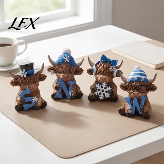 Elegant Seasonal Ornament 4Pcs Christmas Highland Cow Figurine, Winter Blue Yak Statues with Snowflakes Xmas Unique Room Accent Hats, Farmhouse