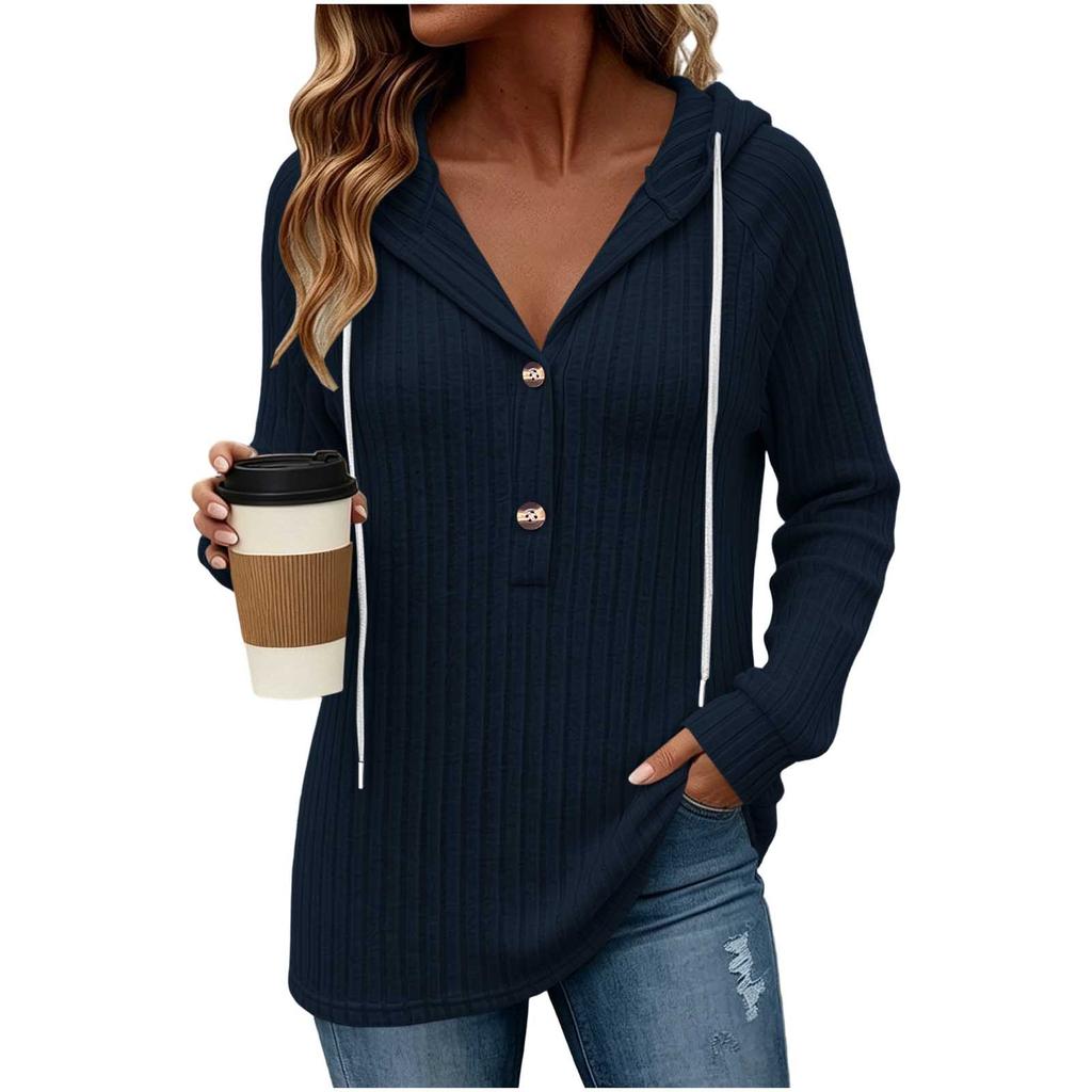 Women's Casual Long Sleeve Hooded V-Neck Loose Fit Top Color