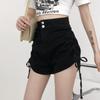 Sommer Hohe Taille Denim Shorts Koreanischen Stil Schwarz Blau Farbe Seite Kordelzug Doppel Tasten Bis Kurze Jeans