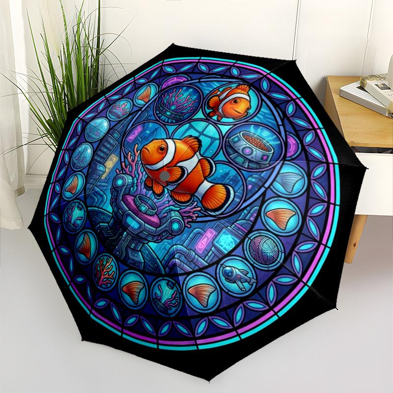 Cyber Clownfish Mandala Pattern Umbrella, Portable and Foldable Design, 8 Ribs, a Casual Accessory for Halloween, Christmas, and Birthday Gifts.