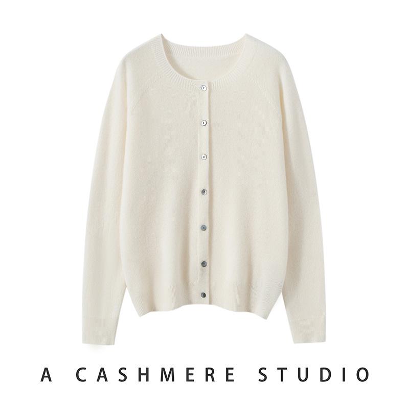 Women's 100% Pure Cashmere Round Neck Cardigan - Autumn/Winter, Loose Fit, Solid Color, Cozy Knit Sweater.