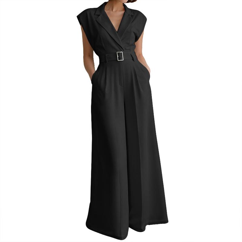 ZANZEA Womens Casual Turn Down Collar Loose Sleeveless Wide Leg Jumpsuits