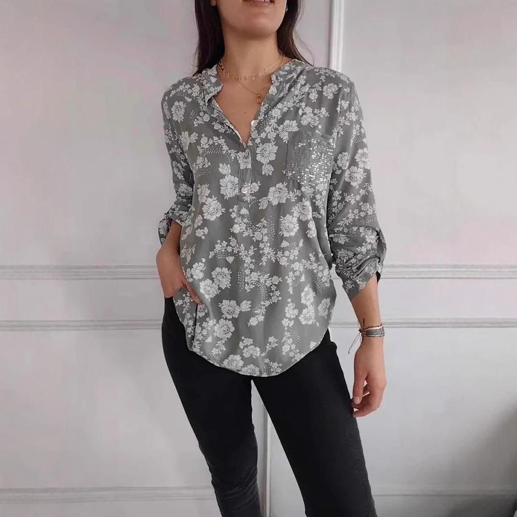 2025 Spring/Summer Women's Loose Casual Long-Sleeve Sequin Pocket Print Shirt