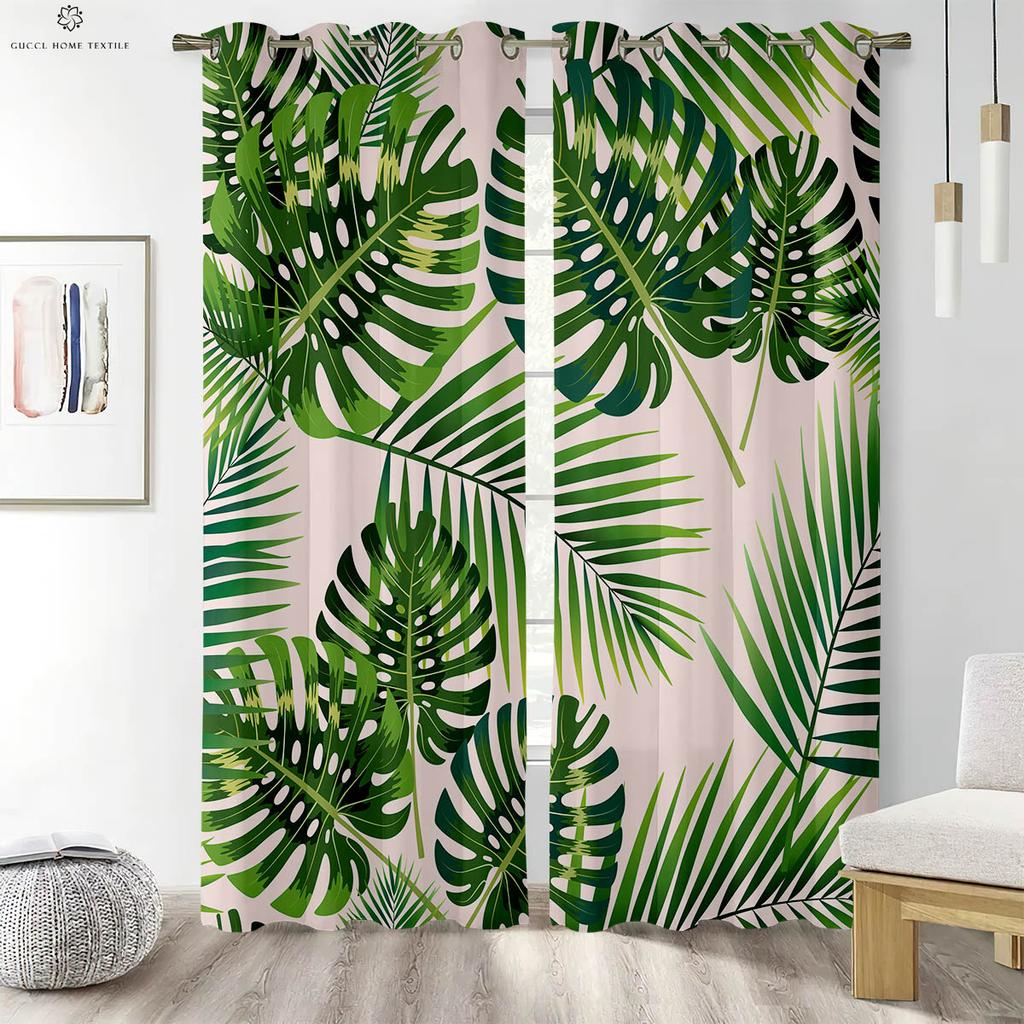 2Pcs Tropical Plant Leaves Printed Curtains 100% Polyester Machine Washable Bedroom Living Room Kitchen Decorative Curtains