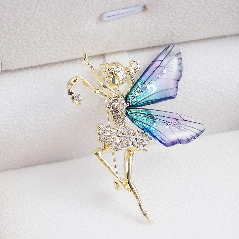 Korean Style Women Crystal Brooches Angel Wings Brooch Dancing Girl Lapel Pins Coat Corsage