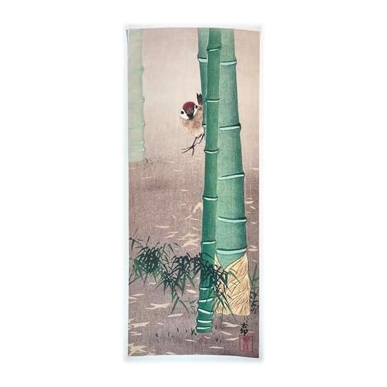 Ukiyo-e Tenugui Towel - Ohara Koson Sparrow on Bamboo - Premium Tokka Fabric, Reactive Dye, Japanese Print
