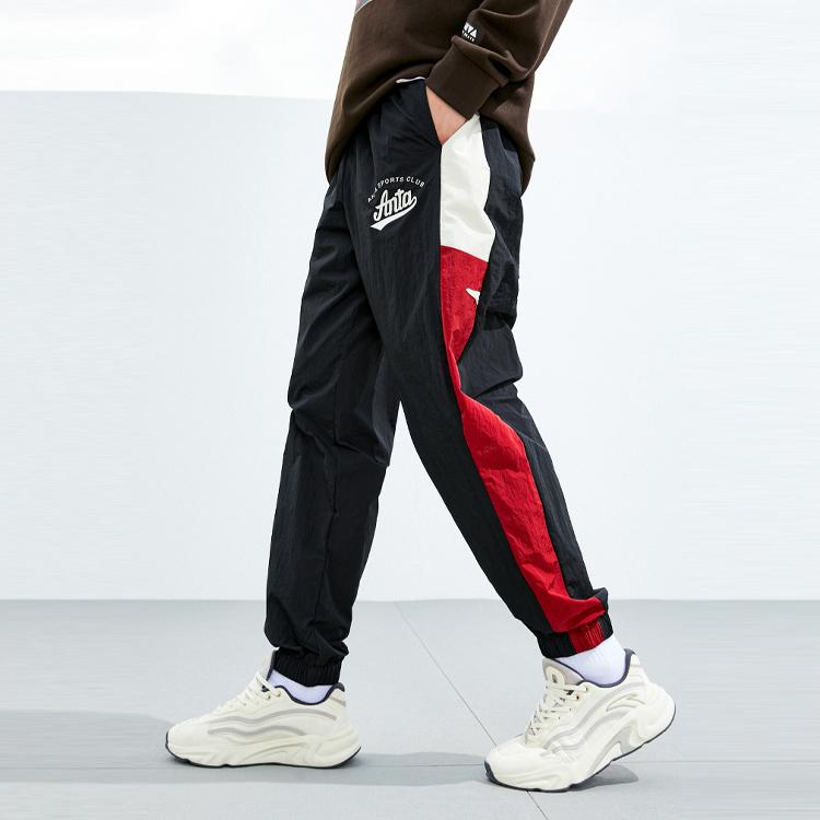 Anta Lifestyle Series Letter Splicing Mid-Rise Tapered Knit Sports Pants Men bottoms Basic-Black 152338501-2