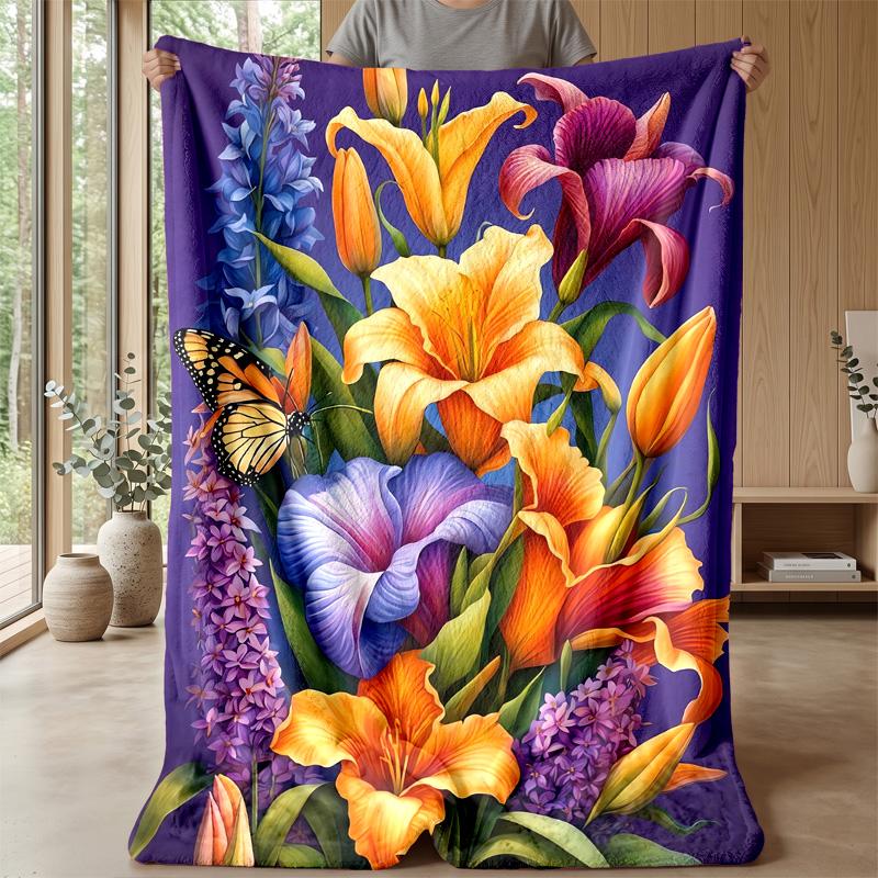 Vibrant Flower Bouquet with Butterflies Theme blanket Lightweight Warm Flannel Blanket Decorative Throw Blanket for Home Decoration