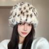 New Plush Leopard Print Fisherman Hat for Women In Winter Cold Protection Ear Protection Bucket and Basin Hat  Face Friendly Versatile Hat Trendy
