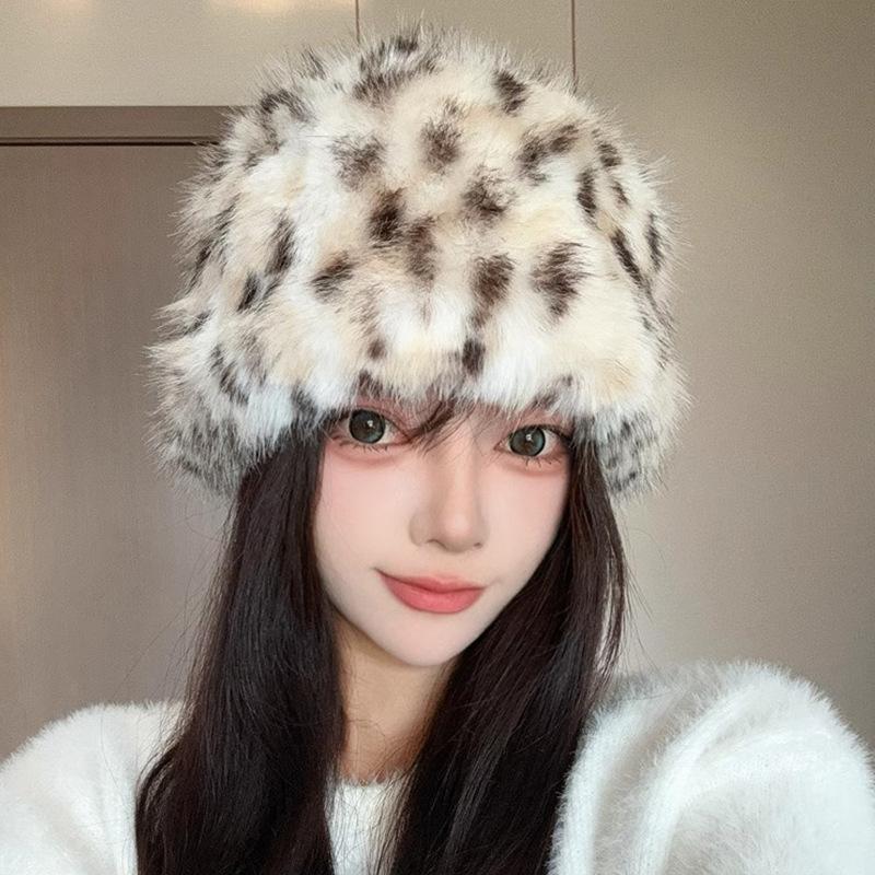 New Plush Leopard Print Fisherman Hat for Women in Winter Cold Protection  Ear Protection Bucket and Basin Hat Face Friendly  Versatile Hat Trendy