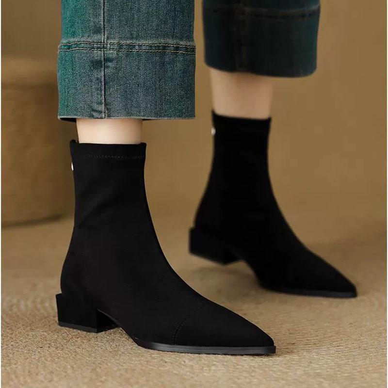 

Празднуйте Эластичные Узкие Сапоги для Женщин Осень Однотонная Замша Острый Носок Женская Обувь Толстый Низкий Каблук Короткие Носки Ботас 38 чёрный