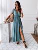 Summer V-Neck Bohemian Polka Dot Long Dress with Short Sleeves