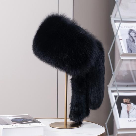 

Лидер продаж, зимние роскошные шапки из натурального лисьего меха для русских женщин, толстая теплая шапка, женская шапка из натурального пушистого лисьего меха с хвостом 55cm-60cm чёрный