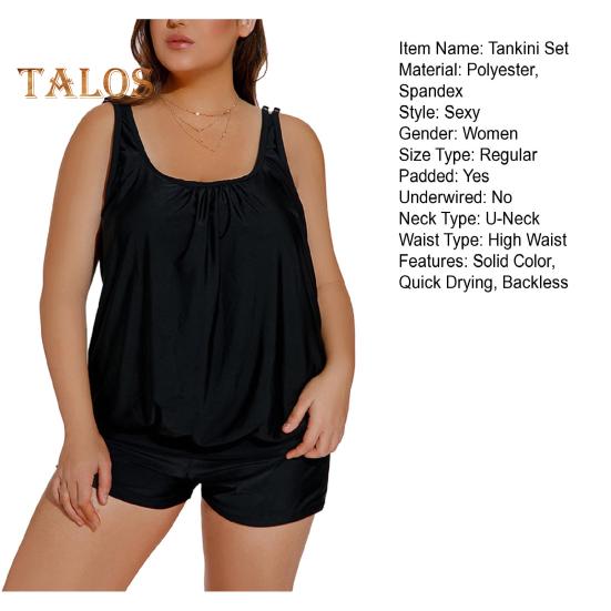 2Pcs/Set Women Tankini Set U-neck Sleeveless Tops High Waist Swimming Trunks Set Split Design Beach Vacation Wear