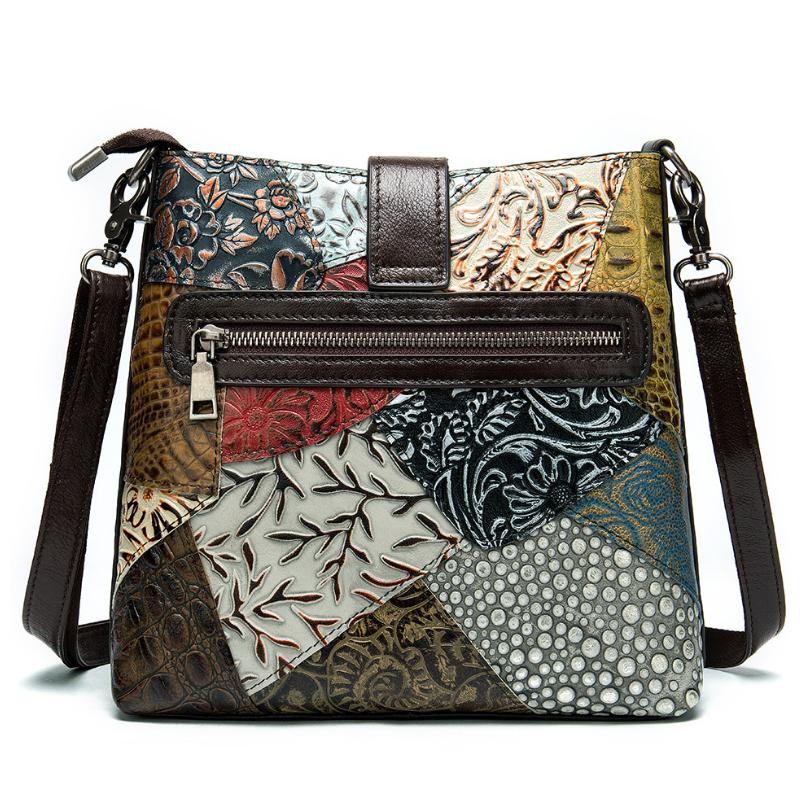 MAHEU Fashionable Women Shoulder Bag Ethnic Style Genuine Leather Crossbody Bags of Female Ladies Patchwork Leather Sling Bag