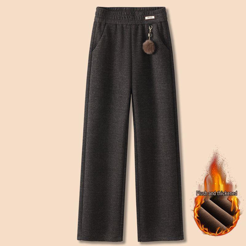 Autumn/Winter 2025 High-Waist Loose Pants for Seniors - Thick Casual Straight-Leg with Pockets