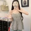 Korean Pastoral Plaid Women's Camisole Vest: Loose, Adjustable, Beautiful Back Design, Buttoned, Versatile Casual Top