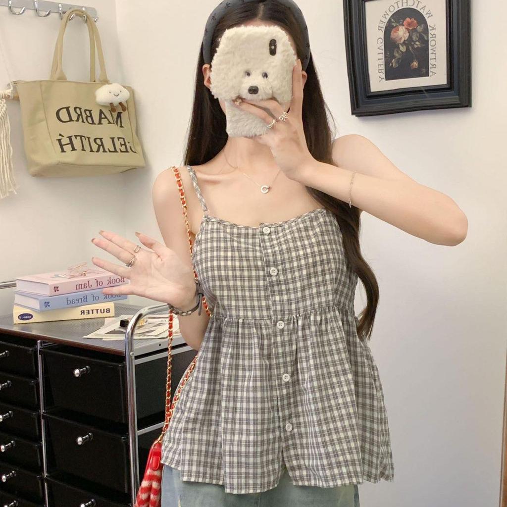 Korean Pastoral Plaid Women's Camisole Vest: Loose, Adjustable, Beautiful Back Design, Buttoned, Versatile Casual Top
