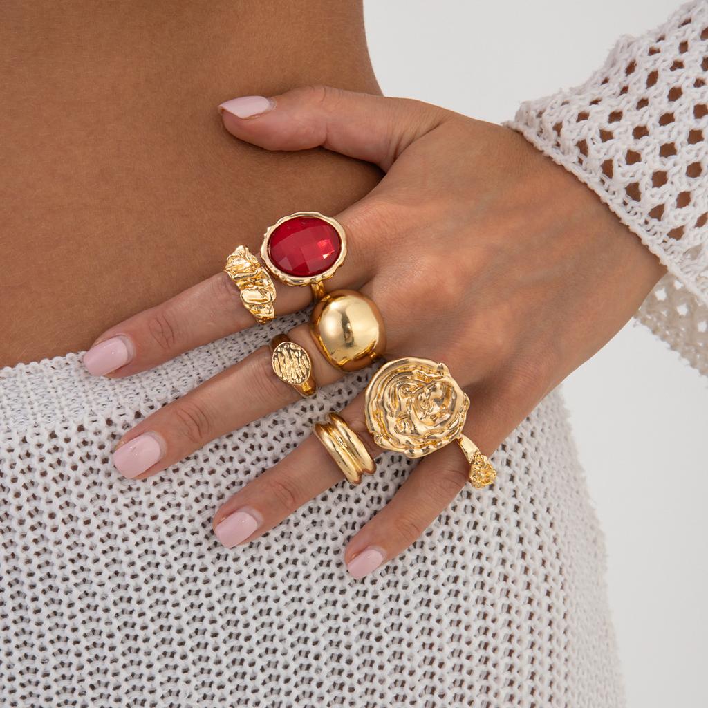 Design Sense Liquid Metal Pleated Ring Set, Exaggerated Style Imitation Gemstone Rhinestone Ring Woman