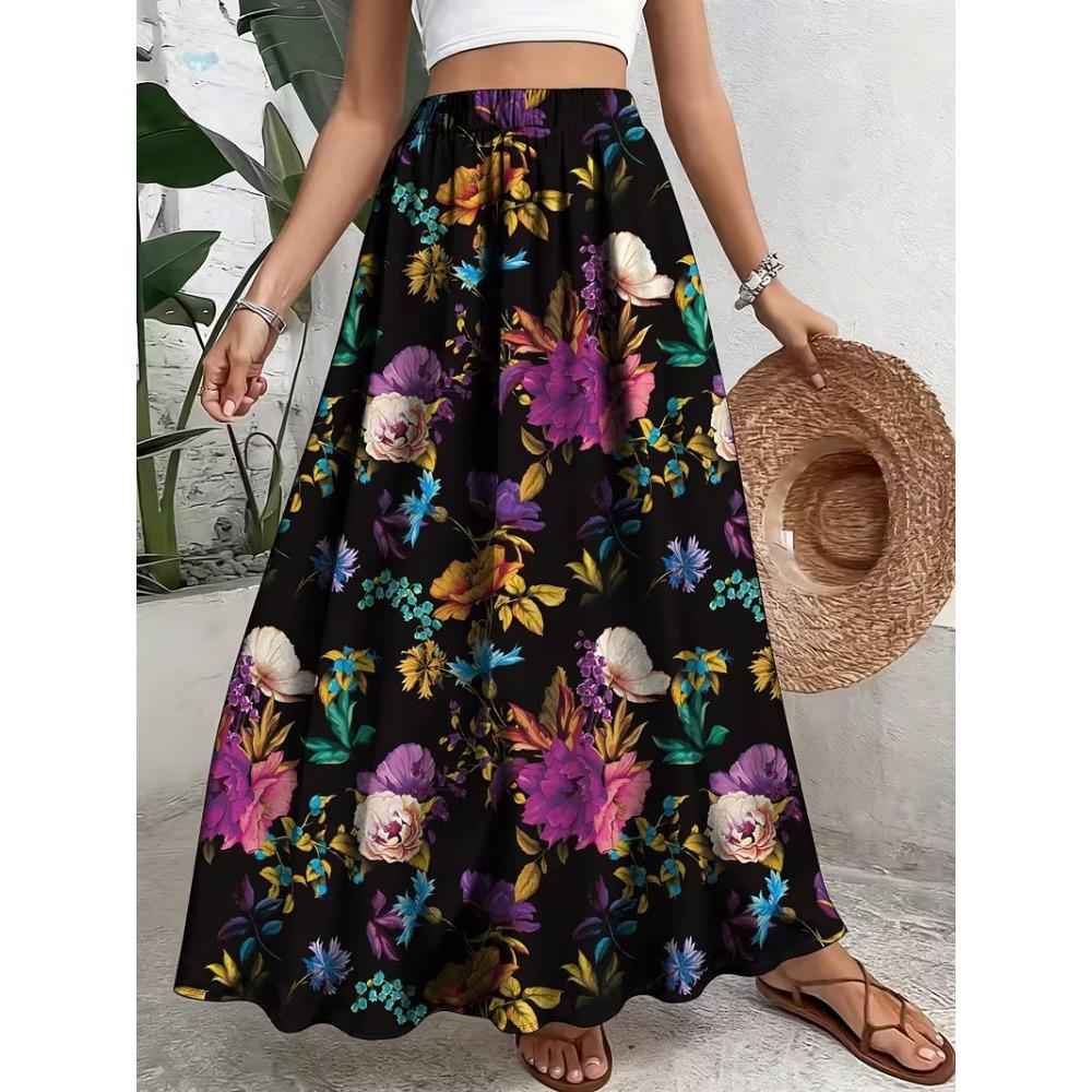 Summer Women's Skirt High Waist Elastic Waist Two-wearing Flower Print Black Vacation Party Beach Skirt