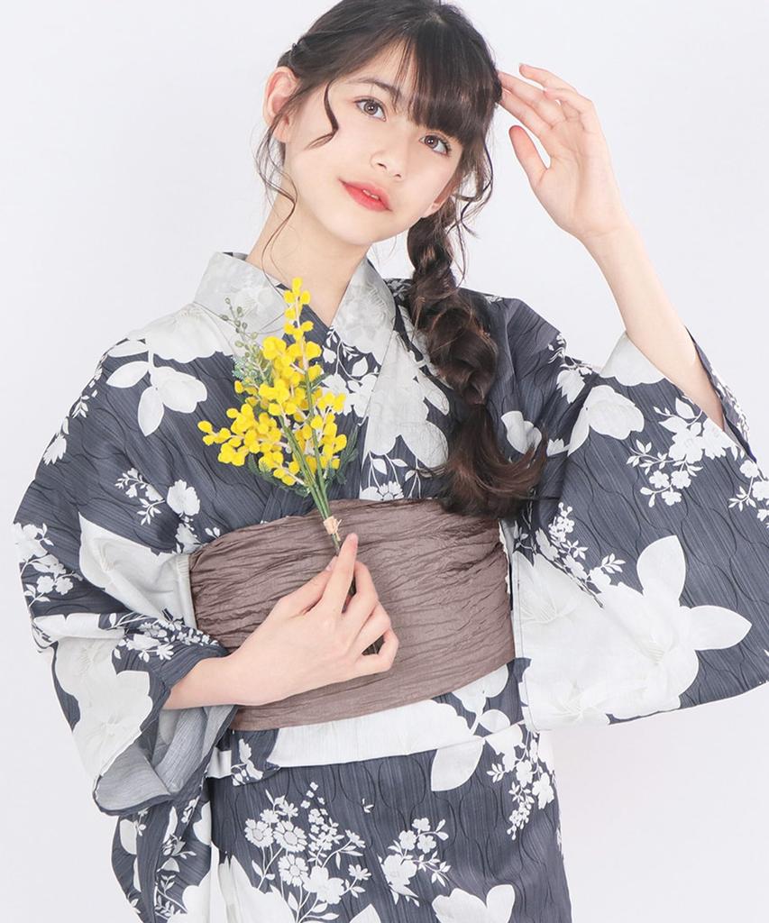 Yukata Set Junior Retro Change Weave 3 Piece Set Heiko Girls Camellia Play in Ink [KYOETSU] (Yukata, Obi, Geta) (13. Painting, 130cm)