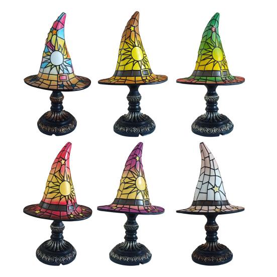 Stained Glass Witch Hat Lamp, USB Powered Night Light for Bedroom Shelf Decor, Halloween Warm Glow Gothic Table Lamp for Home