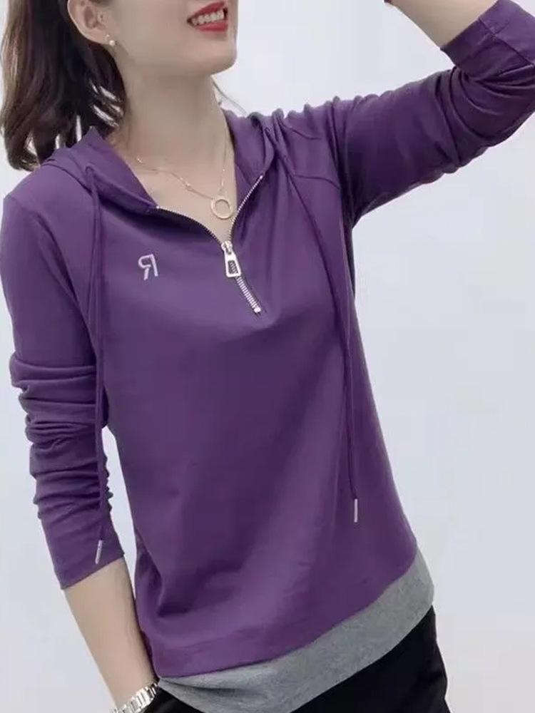 Half-zipper Hooded Long-sleeved Foreign-style Spring and Autumn Top Splicing Color Fake Two-piece T-shirt Women