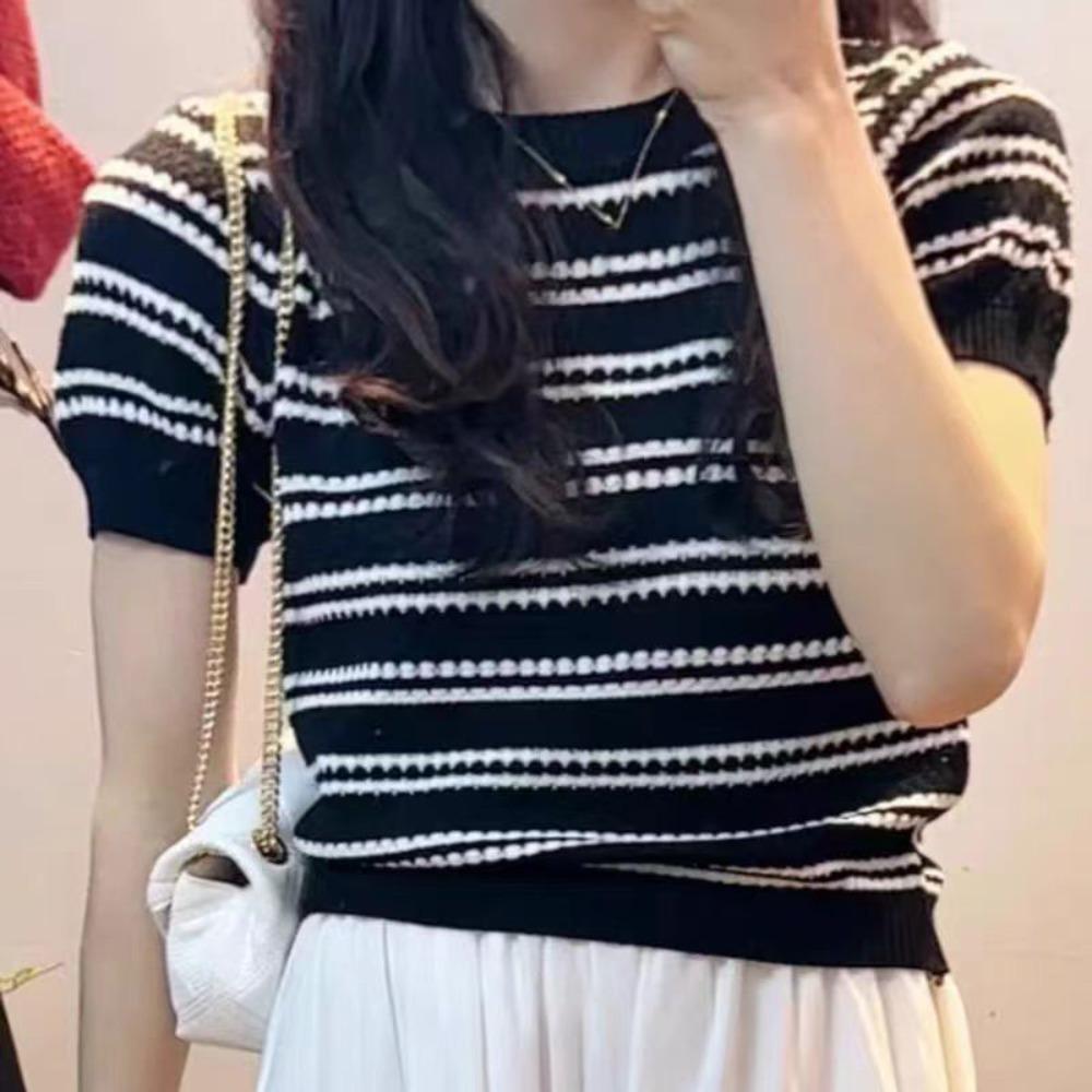 

Женский укороченный топ с коротким рукавом, облегающий трикотаж, удобная вязаная футболка в полоску чёрный