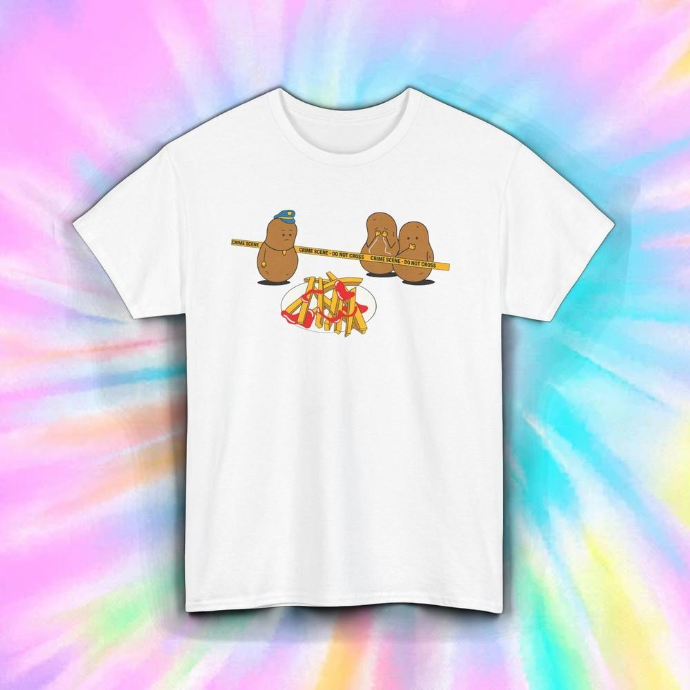 

Potato Crime Scene T-Shirt | Funny Food Pun French Fries Joke | Quirky Humor | 2XL