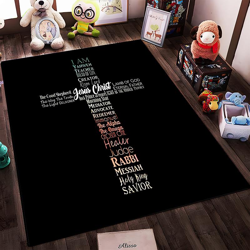 Christian Cross Word Art Non-slip Rug Non-slip Rug Suitable for Living Room and Bedroom Sofas.
