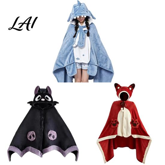 Soft Plush Cape Bat Blanket Hoodie for Adults Cute Shark Fox Hooded Cape Unisex Costume Cozy Wearable Halloween Cosplay Home Loungewear Gothic Style