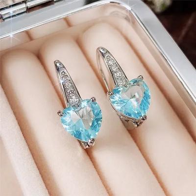 Blue Cz Heart Earrings For Women Elegant Simple Wedding Accessory Fashion Versatile Ear Jewelry Gift