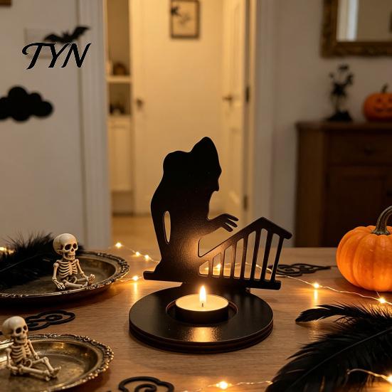 Hollow Carved Candle Accessory Halloween Shadow Holder, Spooky Ghost Skull Candlestick Decoration, Handmade Artistic Stand Vintage Wooden Tea