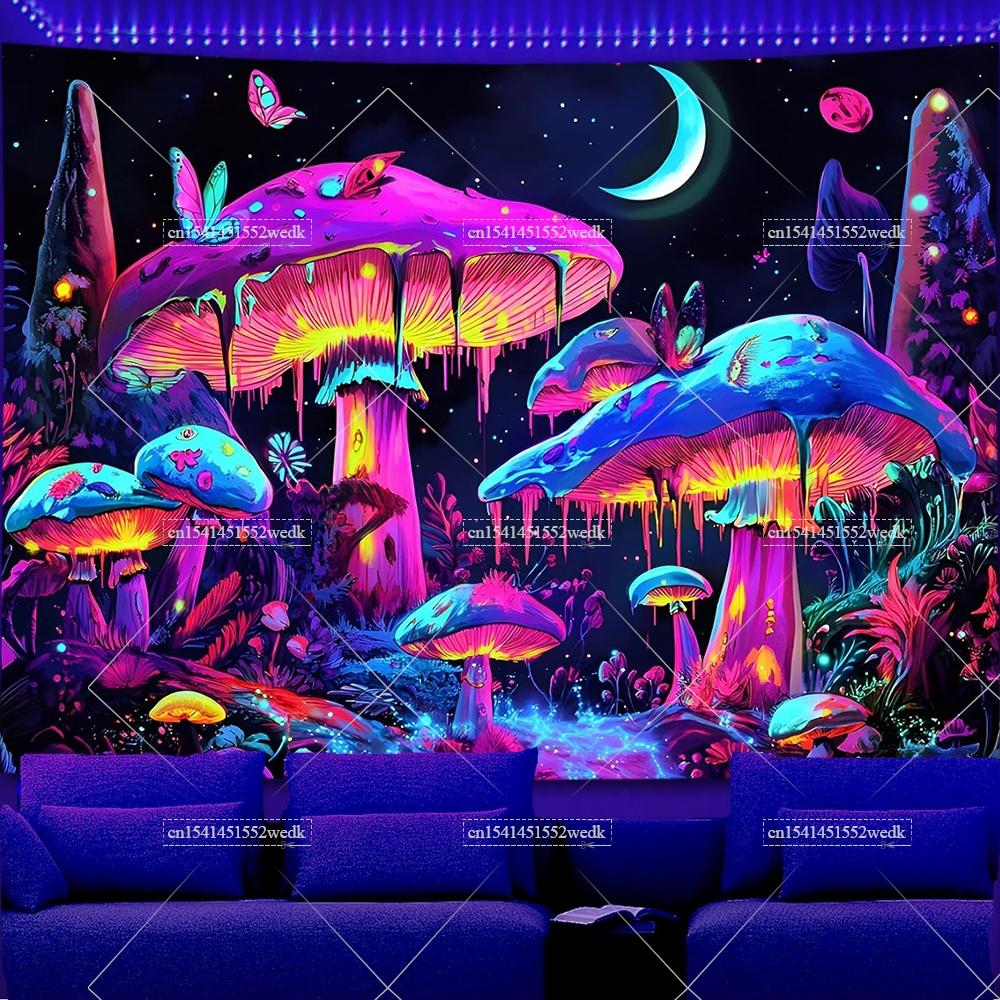 UV Reactive Mushroom Blacklight Tapestry Wall Art Neon Landscape Tapestry Mountains Waterfall Glow In The Dark Decor Posters