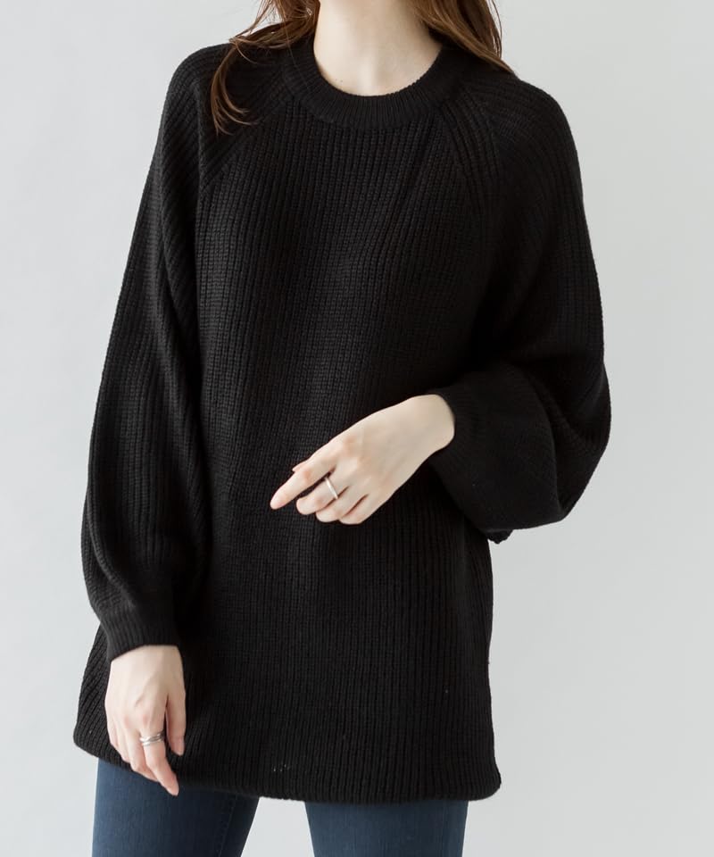 At One Balloon Sleeve Loose Voluminous Relaxed Crew Long Sizes ATN-0008 Knit, Women's, Oversized, Sleeves, Fit, Fall/Winter, Neck, Length, Black,
