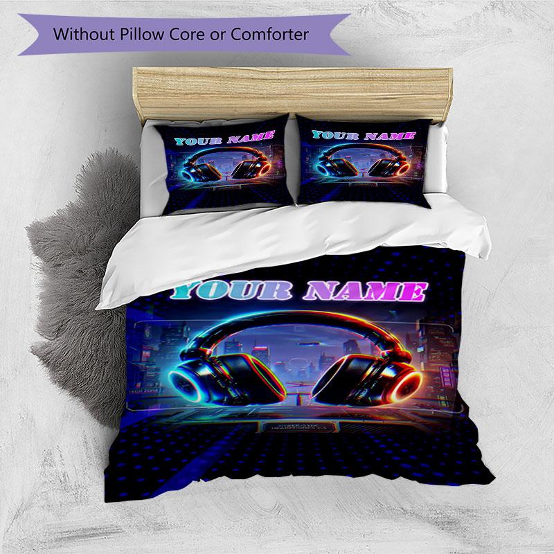 3pcs Custom Name "Neon Headphones Cityscape" Bedding Set Printed Bedding Set Duvet Cover Closure Includes 1 Duvet Cover & 2 Pillowcases Bedroom Decor