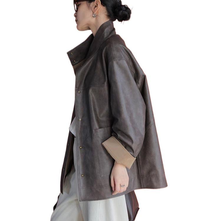 Women's Single-Breasted Reversible Leather Jacket In Coffee - Loose Fit, Casual Top for Early Spring 2025