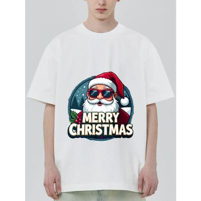 Świąteczny T-shirt Czarny Święty Mikołaj w Okularach i Tekst Wesołych Świąt Odzież na Przyjęcie Świąteczne