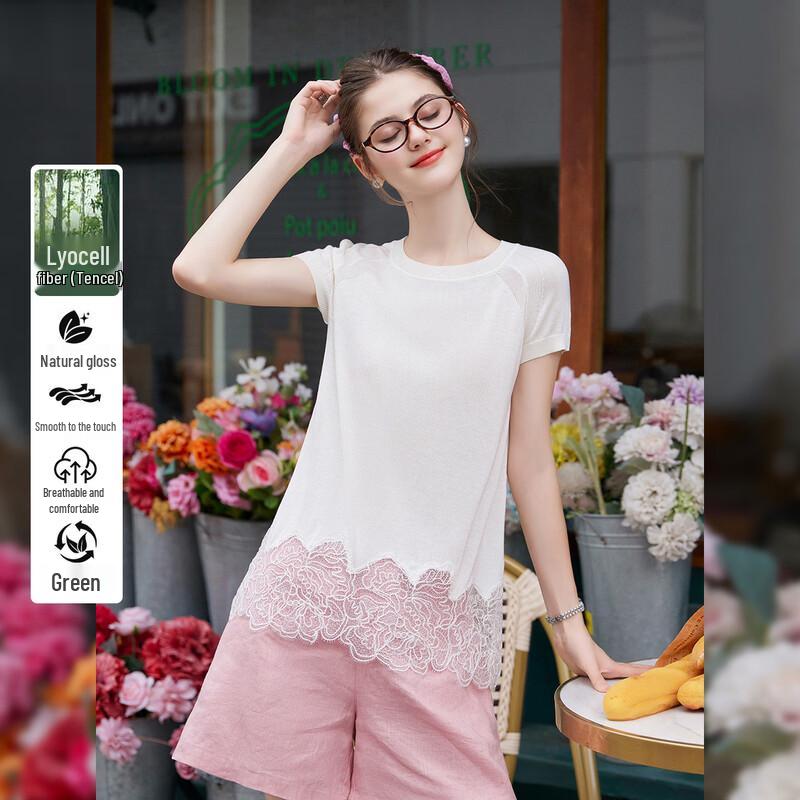 Tencel Blend Lace-Trim Knit Top L