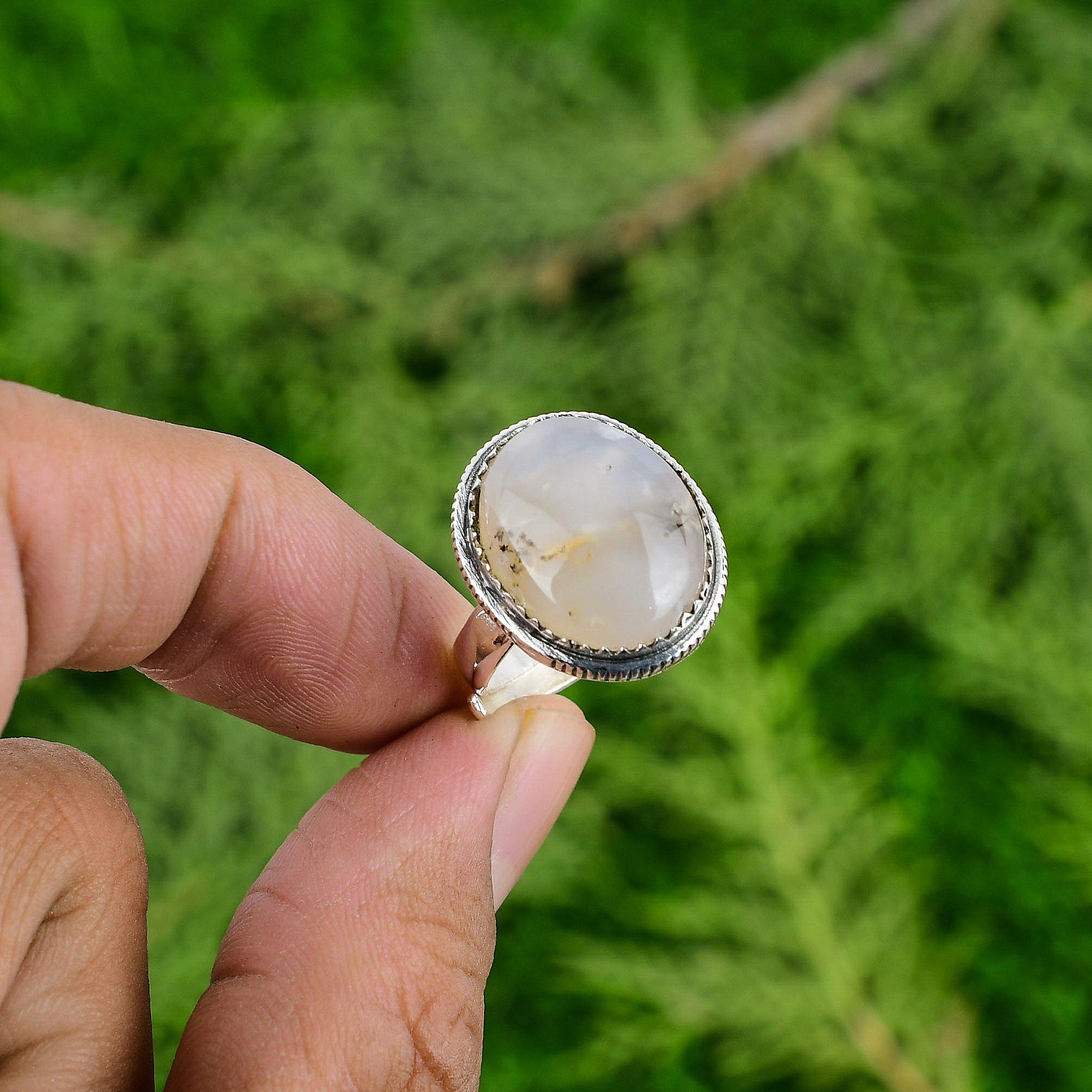 

Dendritc Tiger Stone Bezel Trendy Promise Solitaire Anniversary Ring 925 Silver Adjustable