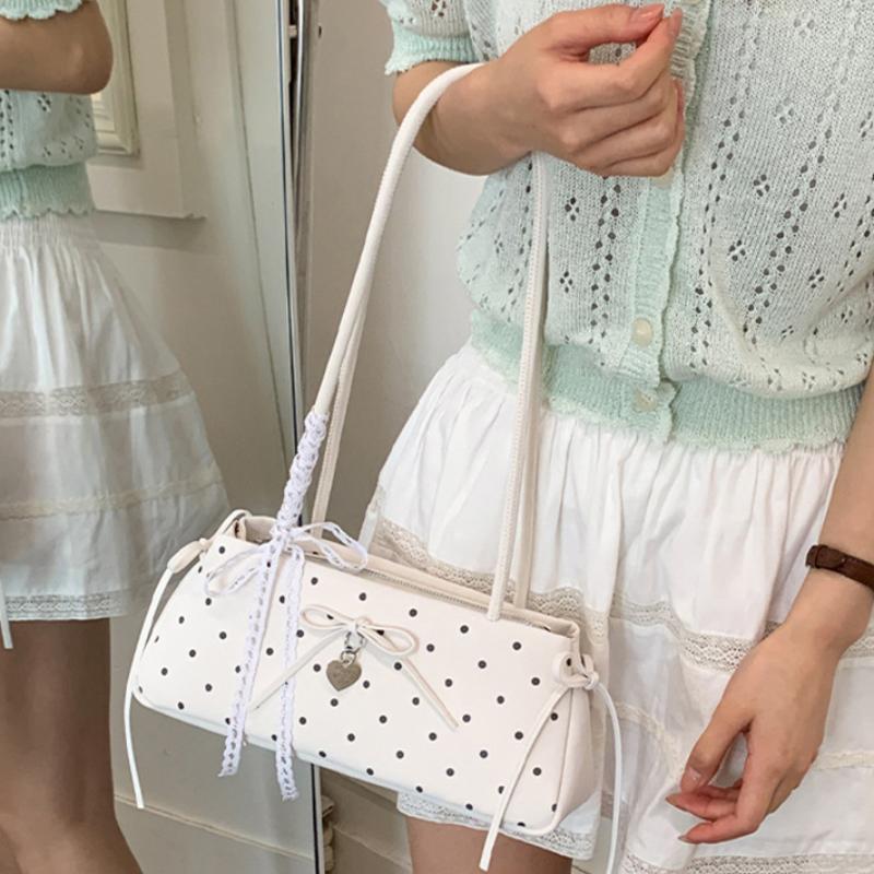 Bow-tie Lace Trim Shoulder Bag Korean Popular Polka Dot Handbags Cute Elegant Underarm Bag Zippered Large-capacity Commuter Bag