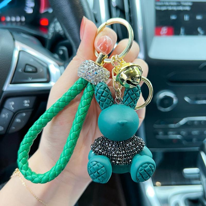Cute Cartoon Diamond Studded Rabbit Car Keychain, Fashionable Woven Rope Keychain, Couple Bag Pendant Small Gift