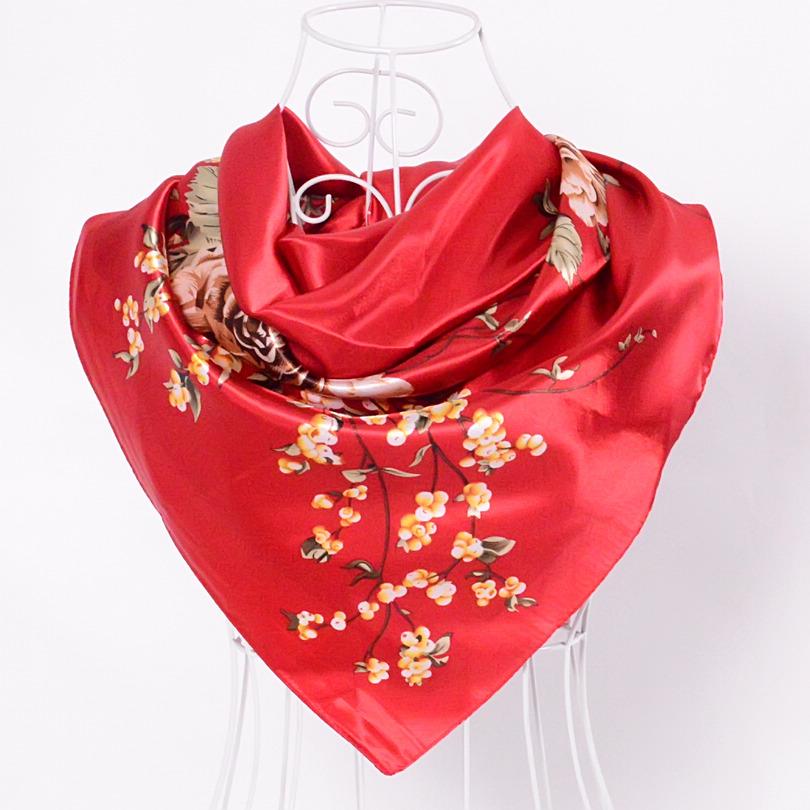 [BYSIFA] Navy Blue Chinese Roses Large Square Scarves New Female Elegant Large Silk Scarf Fashion Ladies Accessories 90*90cm