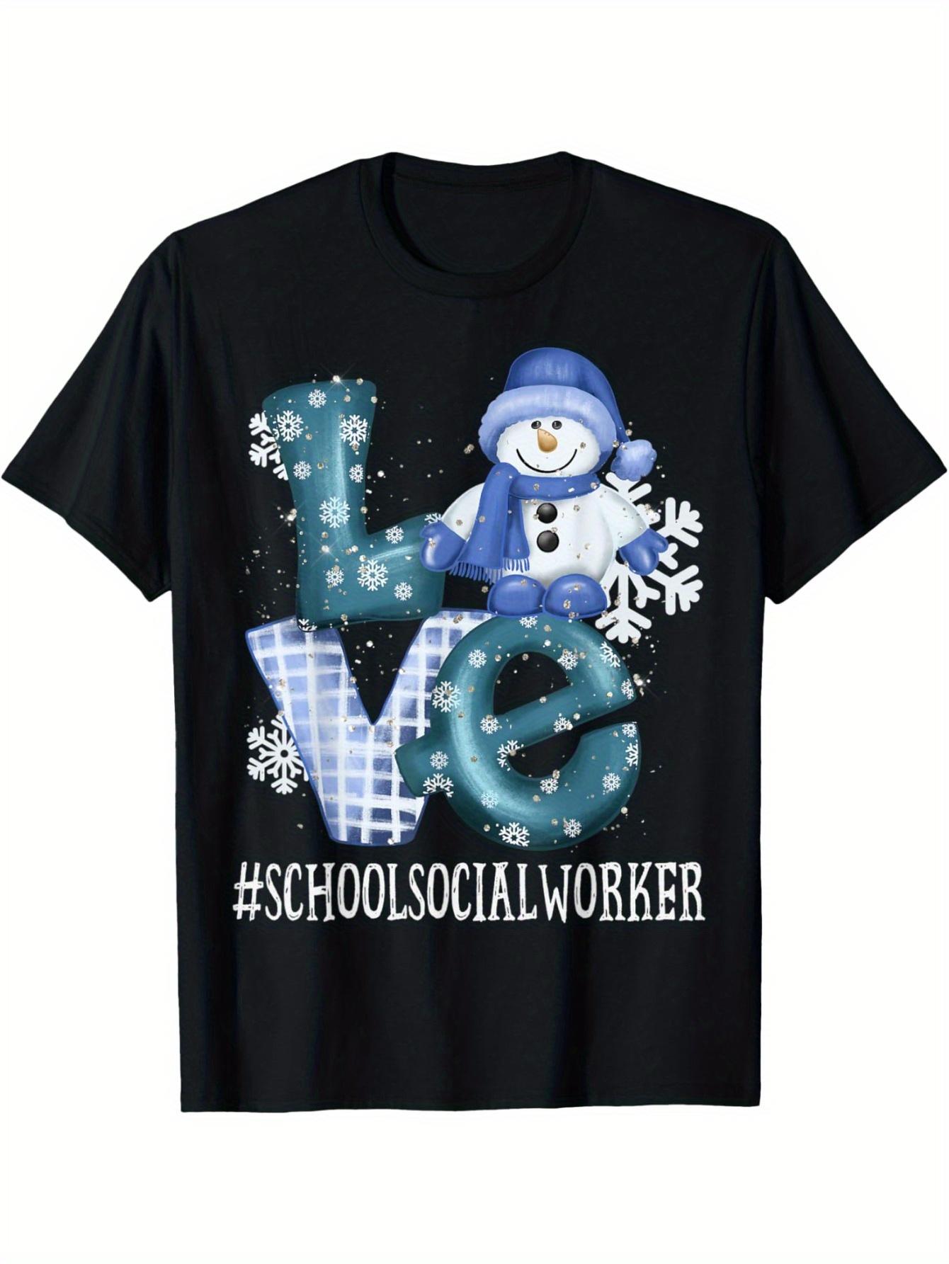 

School Social Worker Love Snowman Christmas T-Shirt | Cozy Design with Snowflakes & LOVE Lettering XXL