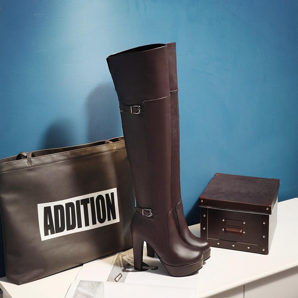 Damstövlar med hög klack höst och vinter vattentäta platå stövlar med tjock klack i stora storlekar europeiska och amerikanska sexiga knähöga stövlar