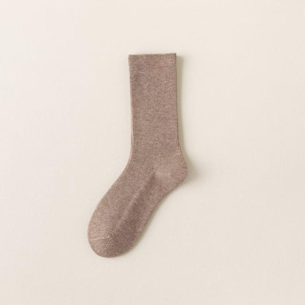 Women's Wool Cashmere Mid-Calf Socks - Warm, Solid, Coffee Color, Japanese Style 