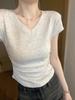 Korean shoulder v-neck short-sleeved t-shirt women's spring summer design feeling waist fold thin short Spice Girl top