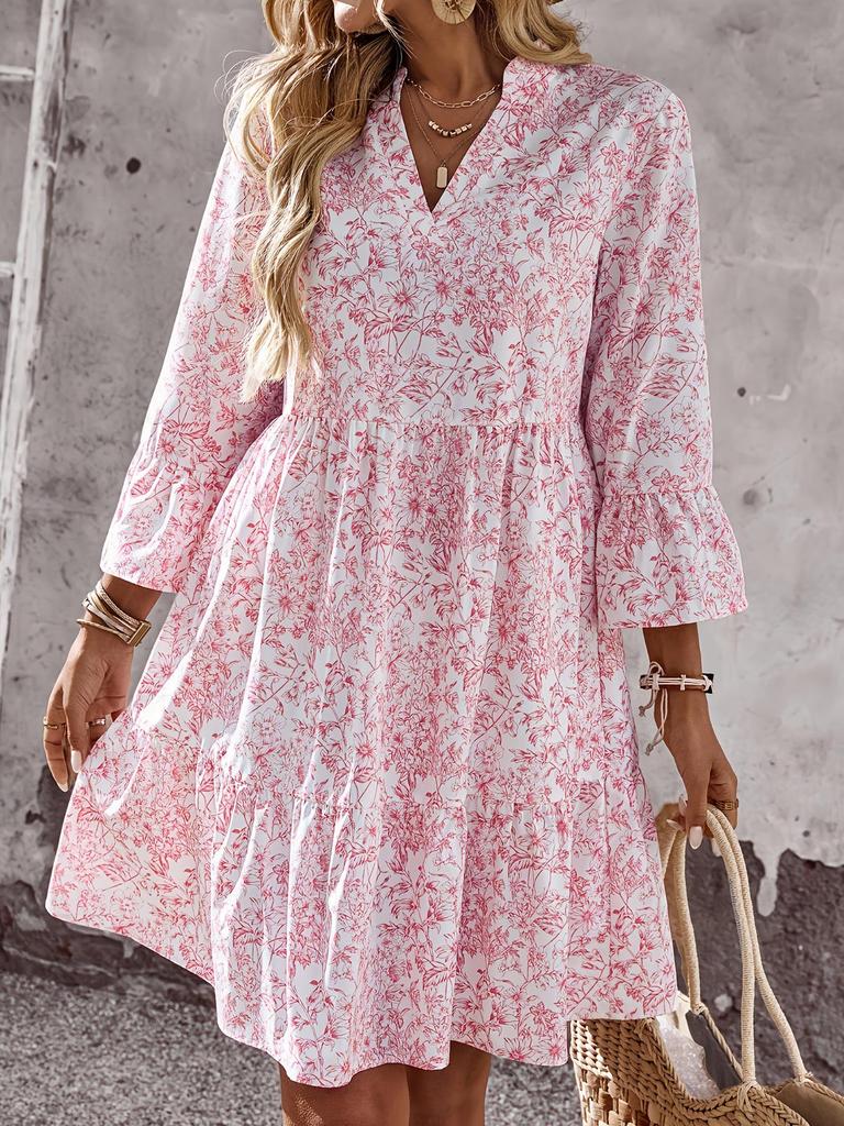 European & American Style Floral Bell Sleeve V-neck Midi Dress for Women