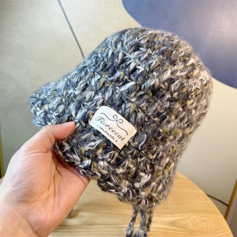 New Mixed Color Tassel Braid Crochet Wool Hat for Women Autumn and Winter Warm and Versatile Ear Protection Knitted Hat
